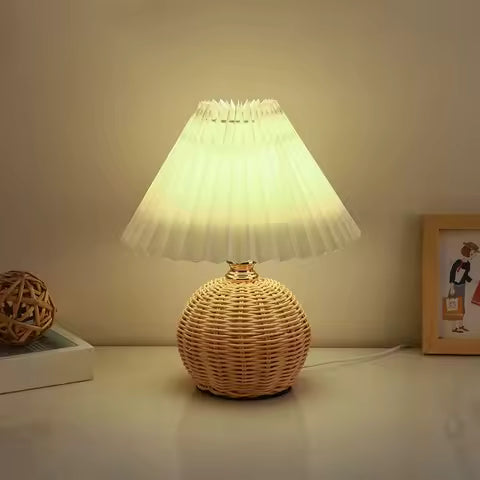 Lampe de Table Plissée LED SCKDAY Rétro avec Base Rotin - Lumière Chevet USB Vintage
