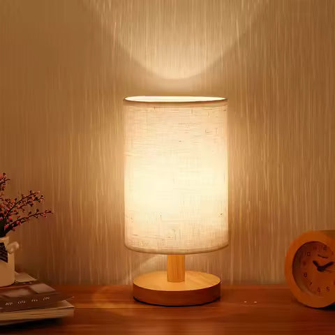 Lampe de Chevet Design Bois avec USB et Abat-jour Cylindrique