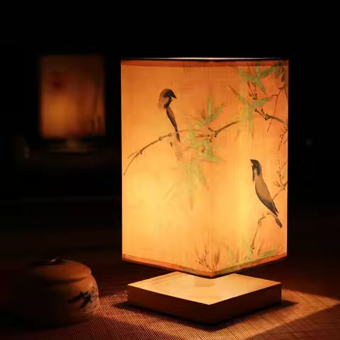 Lampe de Table Vintage Style Chinois en Bois avec Peinture Paysage Rétro