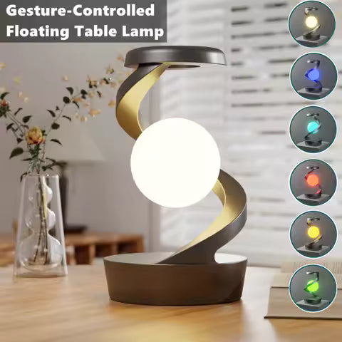 Lampe de Table Rotative Flottante avec Chargeur sans Fil 15W et Veilleuse RGB