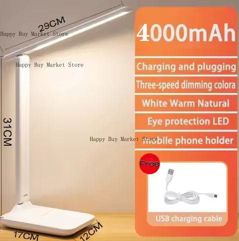 Lampe de Bureau LED Rechargeable 4000mAh - Tactile, 3 Couleurs, Luminosité Réglable, Pliable, Protection des Yeux