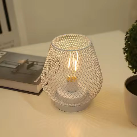 Lampe de Table Rétro Style Cage à Oiseaux - Décoration Industrielle Géométrique en Fer Noir et Blanc avec Veilleuse LED