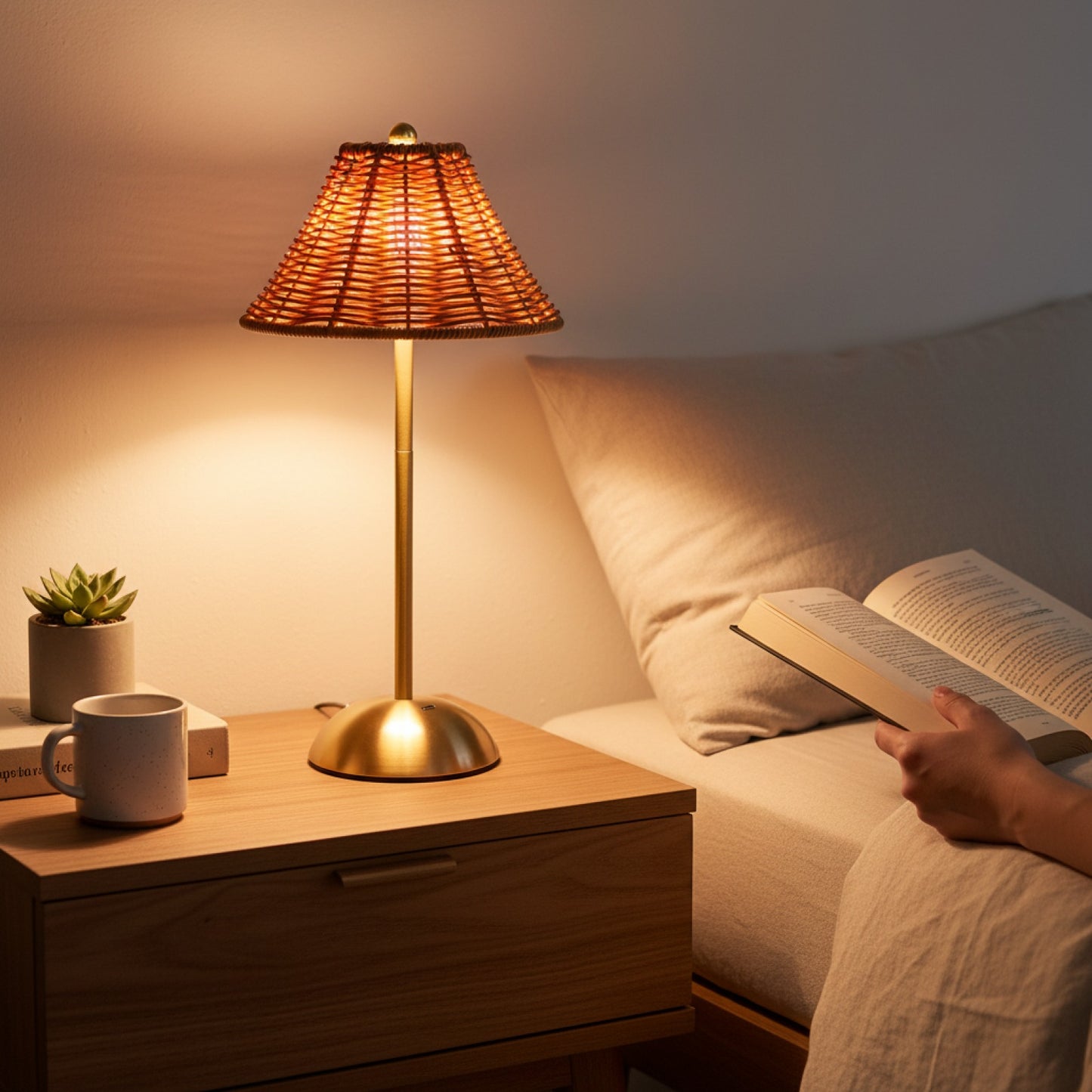 Lampe de Lecture LED Rechargeable avec Variateur d'Intensité - Design Rotin Tissé