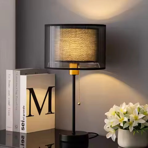 Lampe de Table Design Scandinave Vintage - Or & Noir, Tissu Américain
