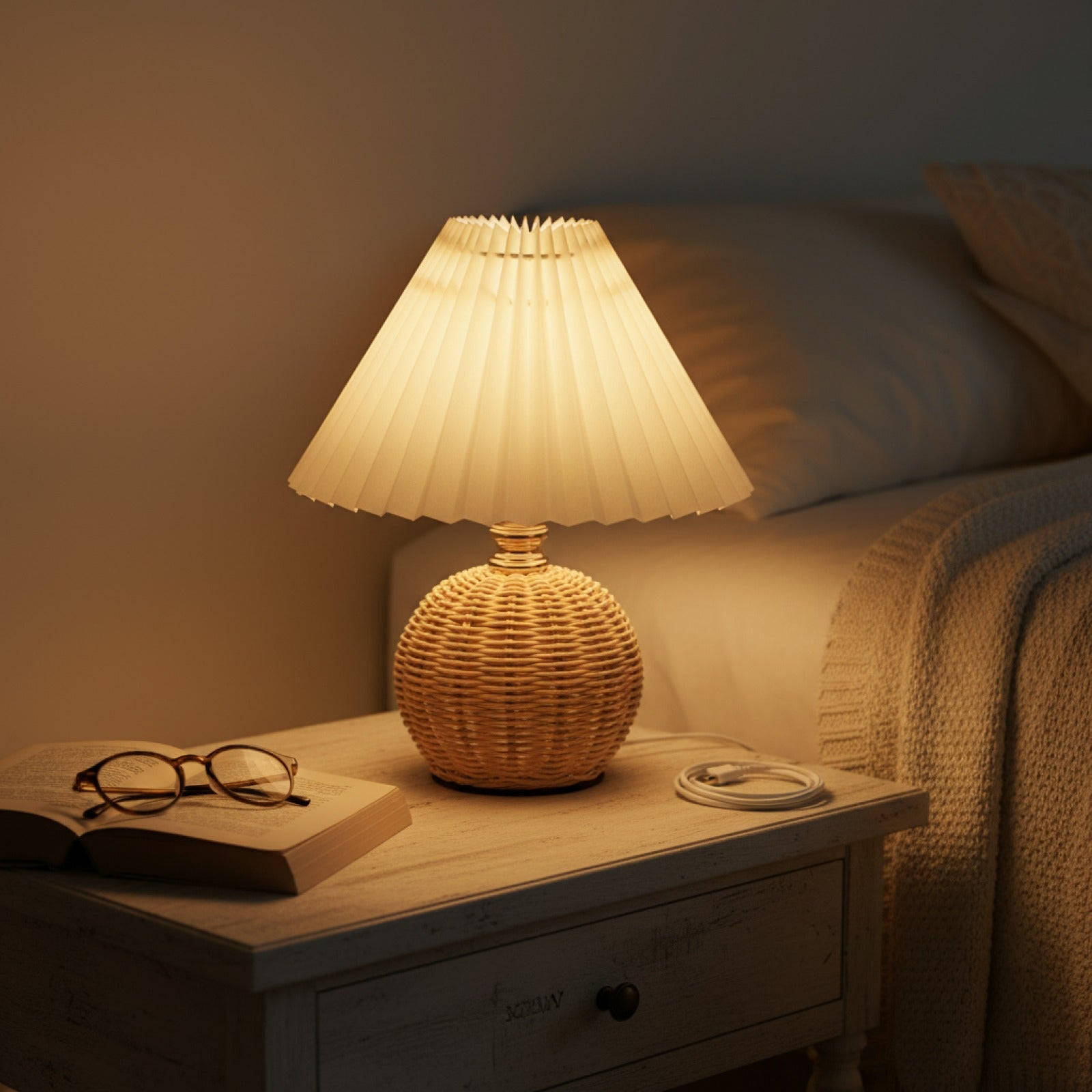 Lampe de Table Plissée LED SCKDAY Rétro avec Base Rotin - Lumière Chevet USB Vintage
