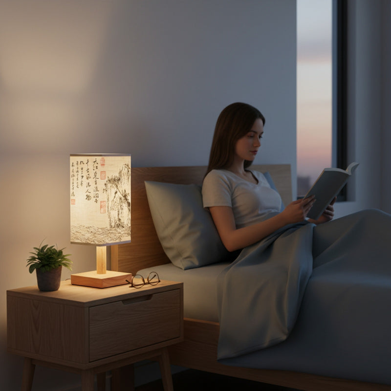 Lampe de Chevet LED Style Chinois - Veilleuse Carrée avec Abat-jour en Tissu pour Chambre et Bureau
