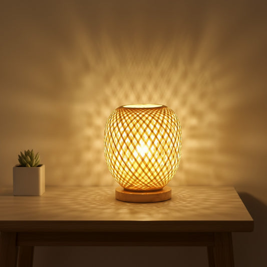 Lampe de Table Design en Bambou et Rotin - Artisanale, Style Asiatique, Idéale Bureau & Chambre