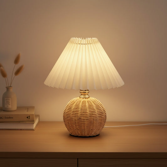 Lampe de Table Plissée LED SCKDAY Rétro avec Base Rotin - Lumière Chevet USB Vintage